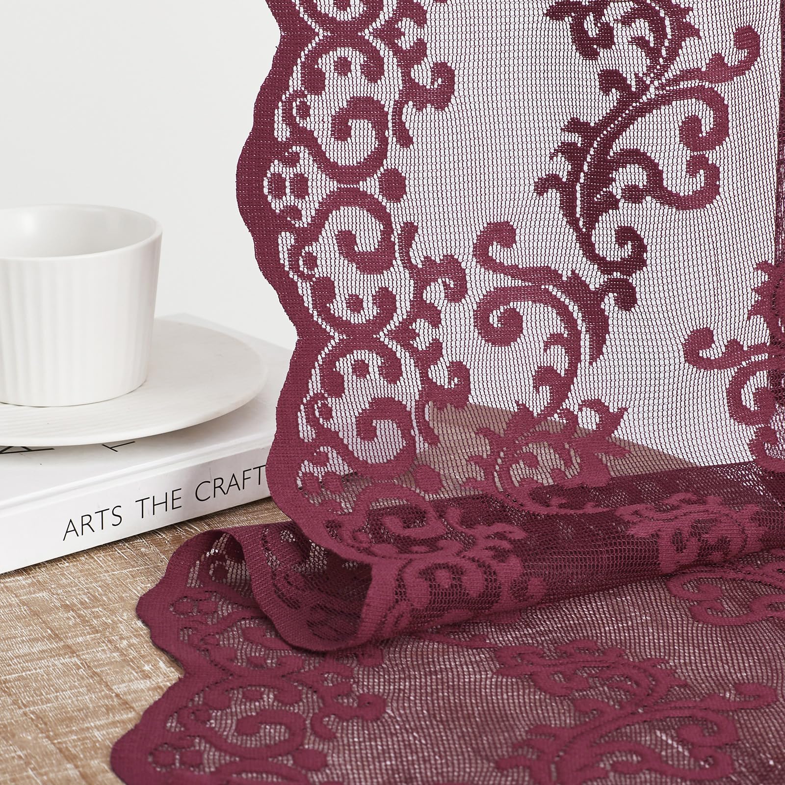 FOLKSIDE Tende in pizzo bordeaux, lunghe 213 cm, 2 pannelli, moderne e romantiche, per camera da letto e soggiorno, con tasca per asta, tende francesi trasparenti, decorazione floreale con rose, 132 x