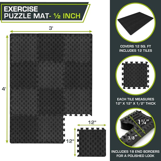 ProsourceFit Exercise Puzzle Mat 1⁄2 pulgada, Baldosas de Piso de Espuma EVA en tablero ajedrezado con textura antideslizante, diseño entrelazado para superficies de gimnasio ajustables, absorbe impactos, negro, 12 pies cuadrados - 12 baldosas miniatura 2