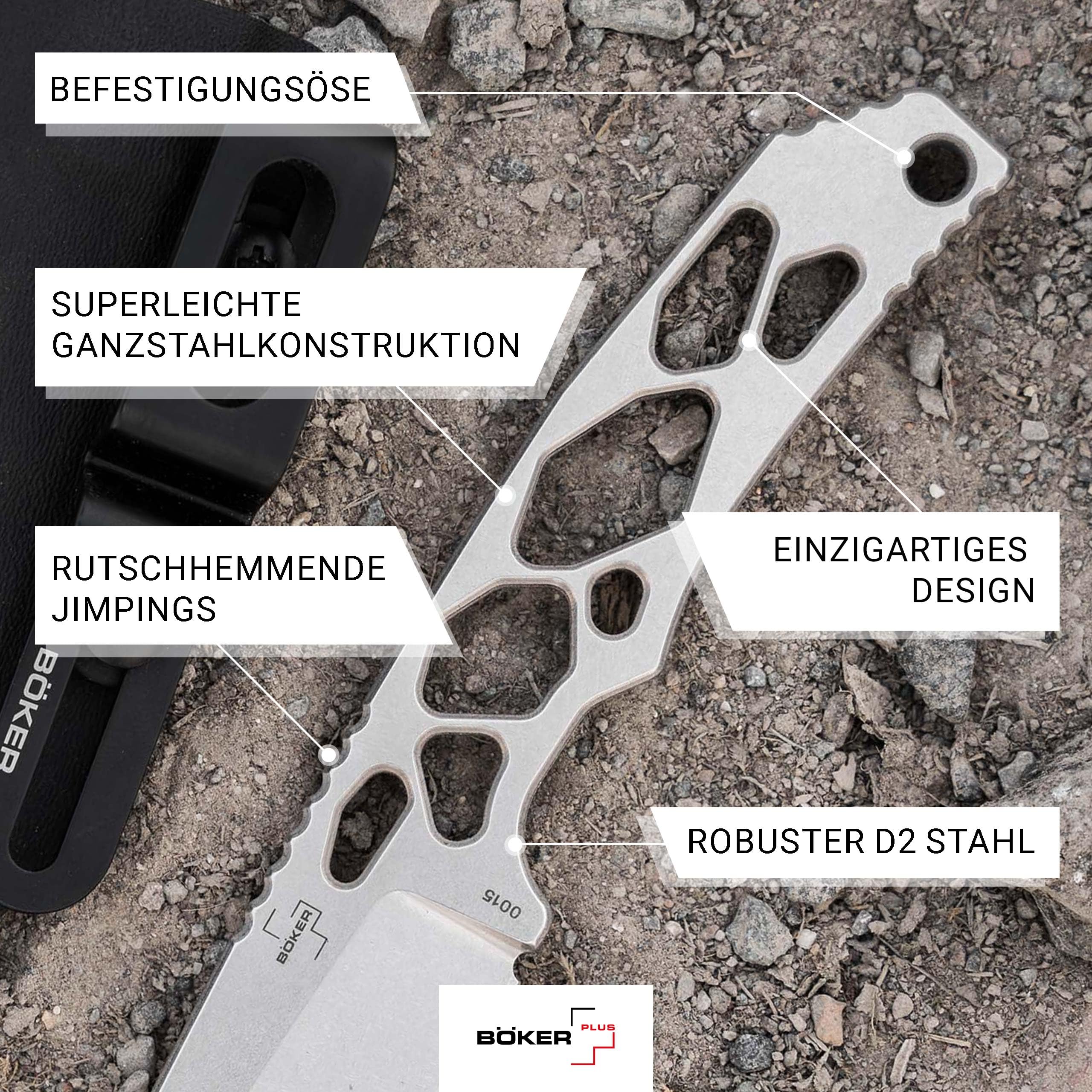 BÖKER PLUS Superlight Tanto – Skelett Messer feststehend 42a konform - Neck Knife mit Kydex-Scheide & Gürtel-Clip – Tactical Knife mit 7,3 cm D2 Tanto-Klinge – Fixed Ganzstahl Outdoor Messer