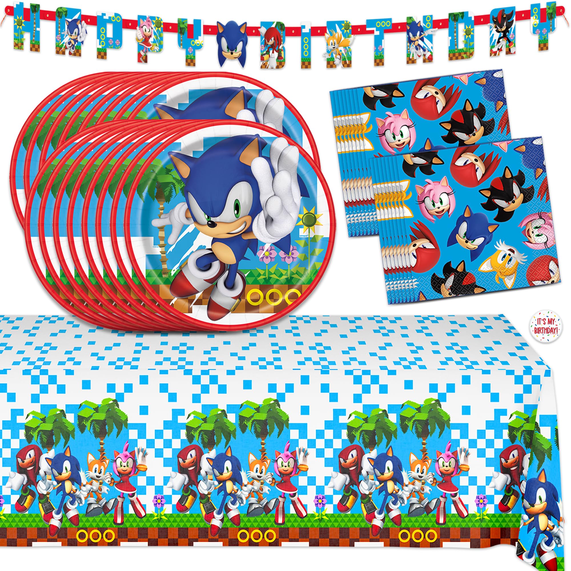 Sonic Birthday Party Decorations for 16 | Banner, Tablecloth, Sonic Plates and Napkins, Sticker | Sonic Party Decorations | Officially Licensed