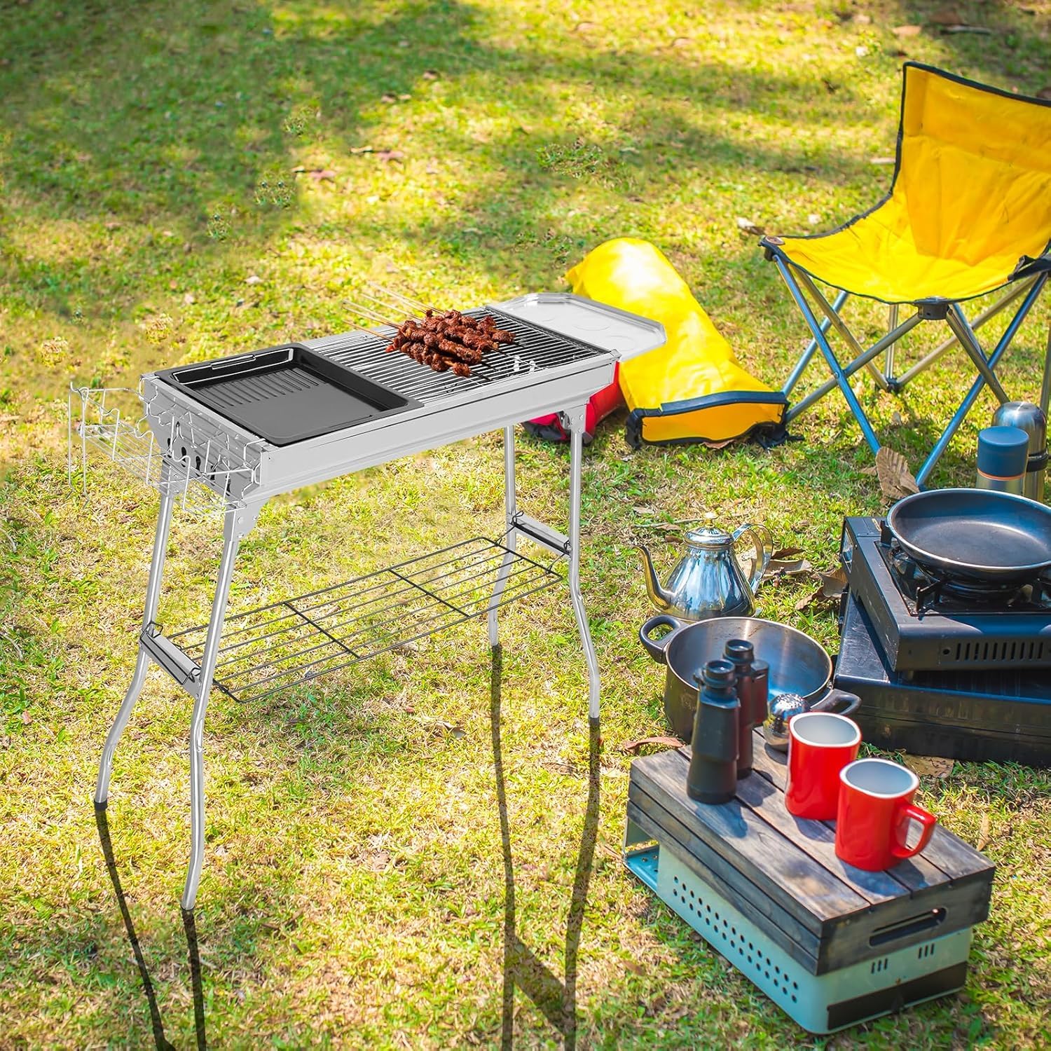 LEADZM Barbecue Charbon de Bois en Acier Inoxydable – Pliant et Portable (100x31x71cm déplié) – Pour 5-10 Personnes – Idéal Camping, Terrasse & Extérieur