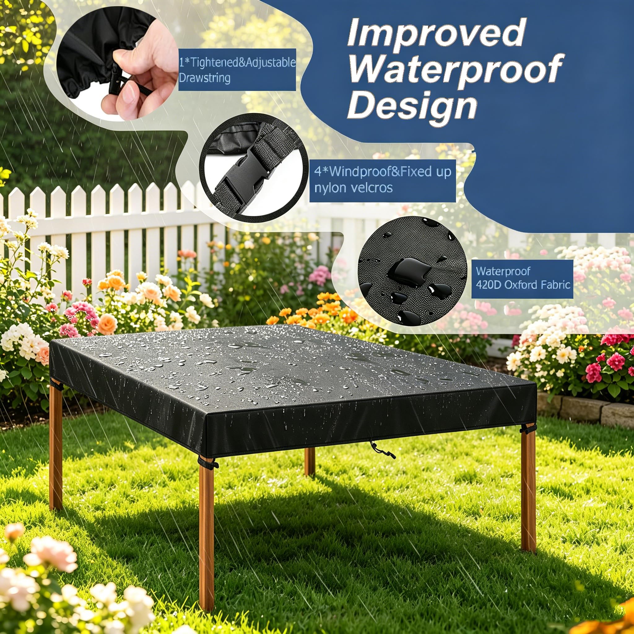 Funda Protectora para Mesa de Jardin 240x120x15cm/LaxAnxAl Funda de Mesa Exterior Impermeable, Cubierta de Mesas Exterior, Tela Oxford 420D Anti-Viento Anti-UV para Mesa de Patio, Negro