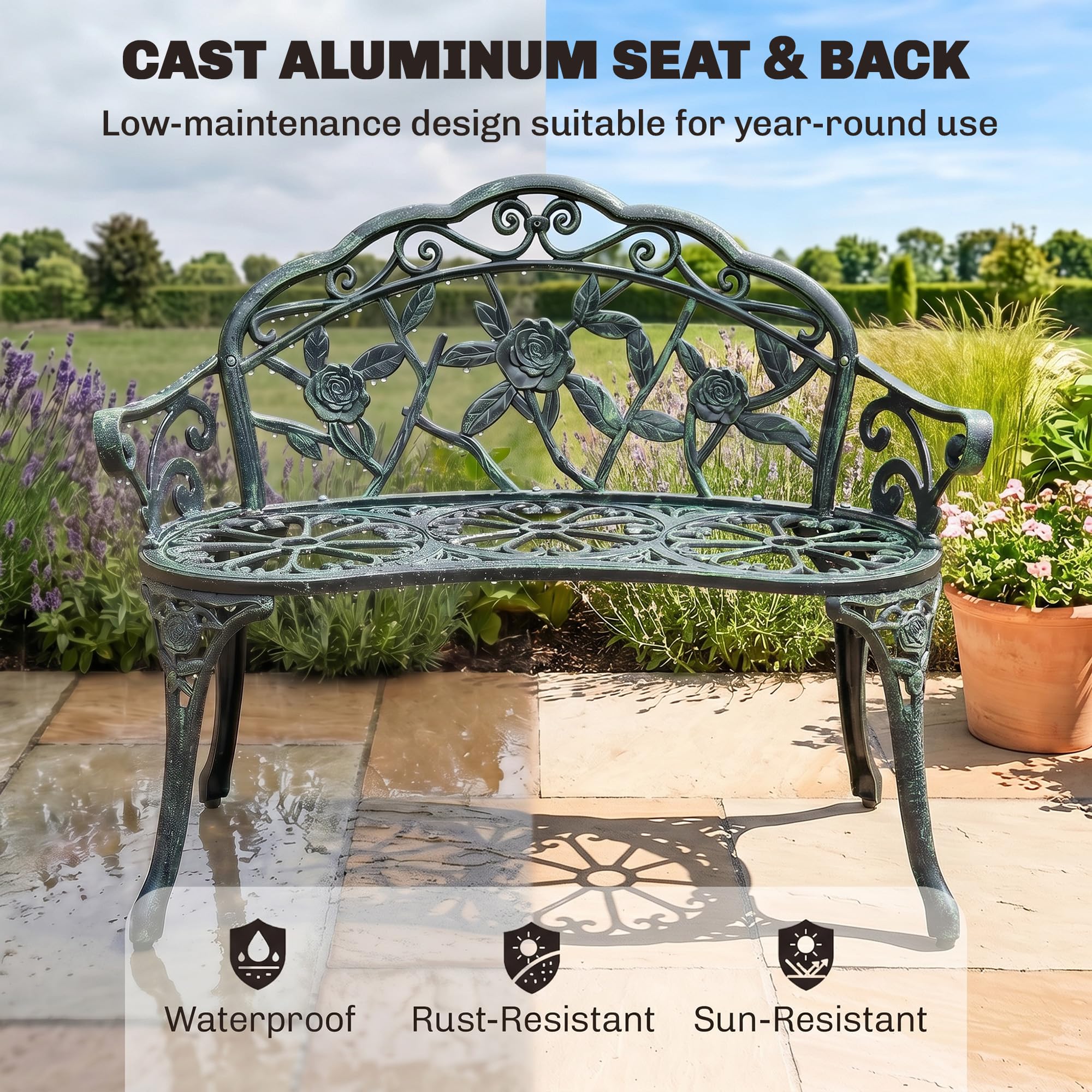 Outsunny Banc de Jardin 2 Places Style Néo-Rétro Motif Rose Vert Vieilli