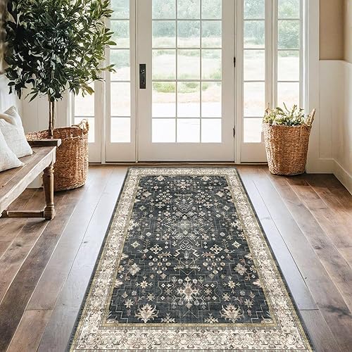 Miniatura 156 de Alfombra de Pasillo de Baño Lavable Oushak 2x5 - Floral Pastel Bohemio Ecléctico, Alfombra Pequeña Antideslizante de Pelo Bajo Resistente a Manchas