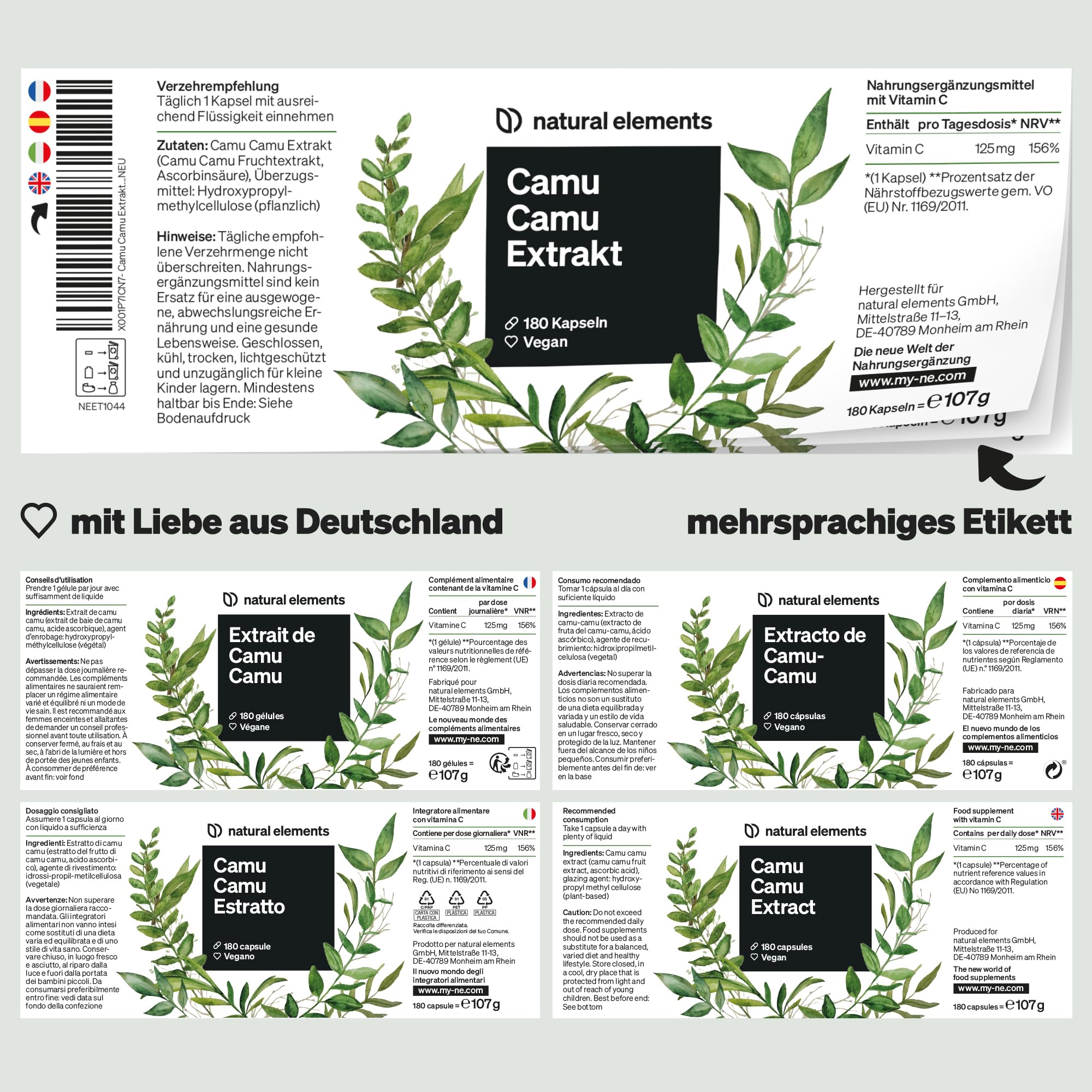 natural elements Camu Camu Extrakt Kapseln – Vitamin C – 180 vegane Kapseln für 6 Monate – 500mg Camu-Camu Extrakt pro Kapsel – ohne unerwünschte Zusätze, in Deutschland produziert & laborgeprüft