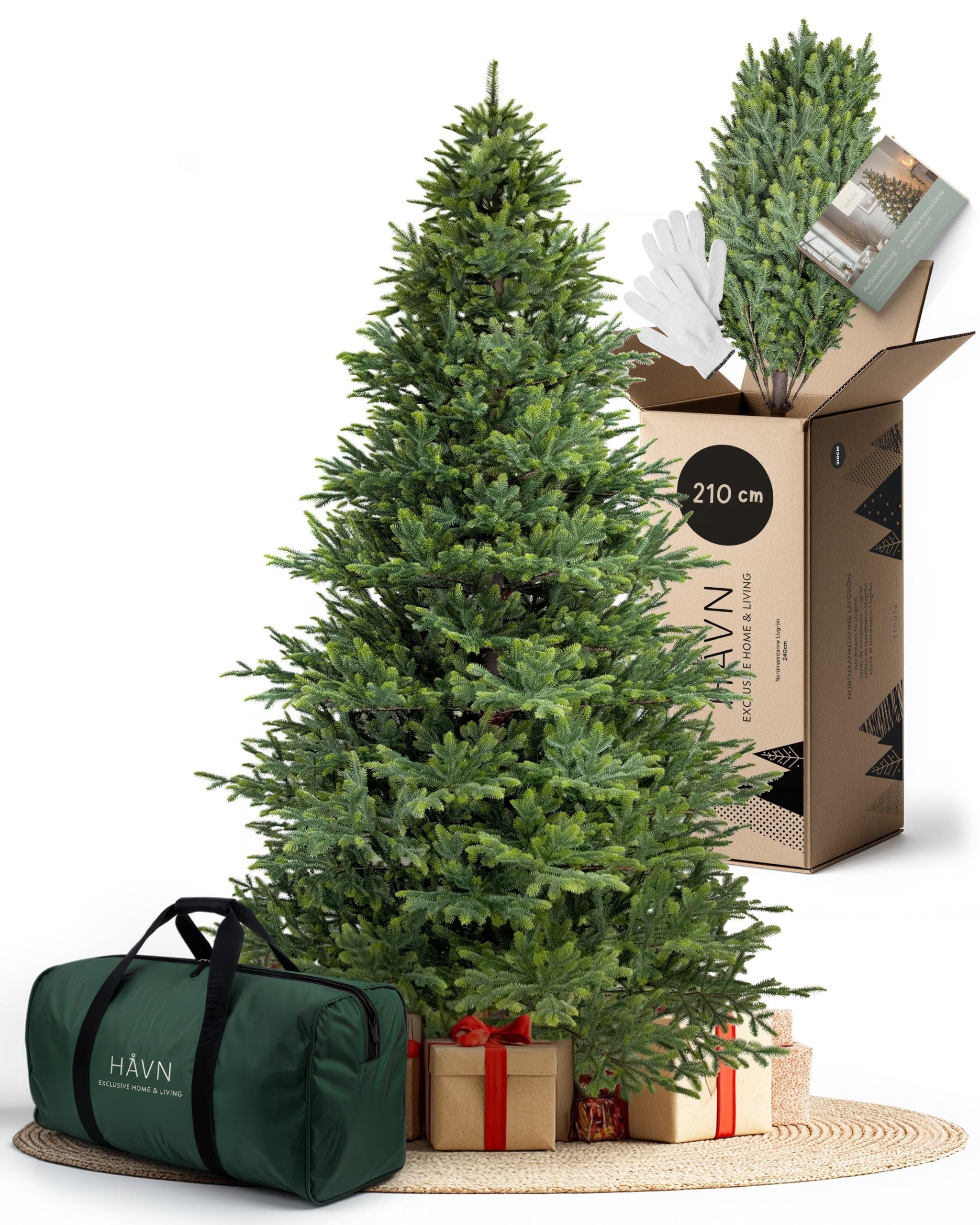 Håvn ® Künstlicher Weihnachtsbaum 210 cm Livgrön Modell 2026 – Nordmanntanne aus 100% PE-Spritzguss, über 3.300 Spitzen, inkl. stabilem Holzständer & Aufbewahrungstasche – Tannenbaum künstlich