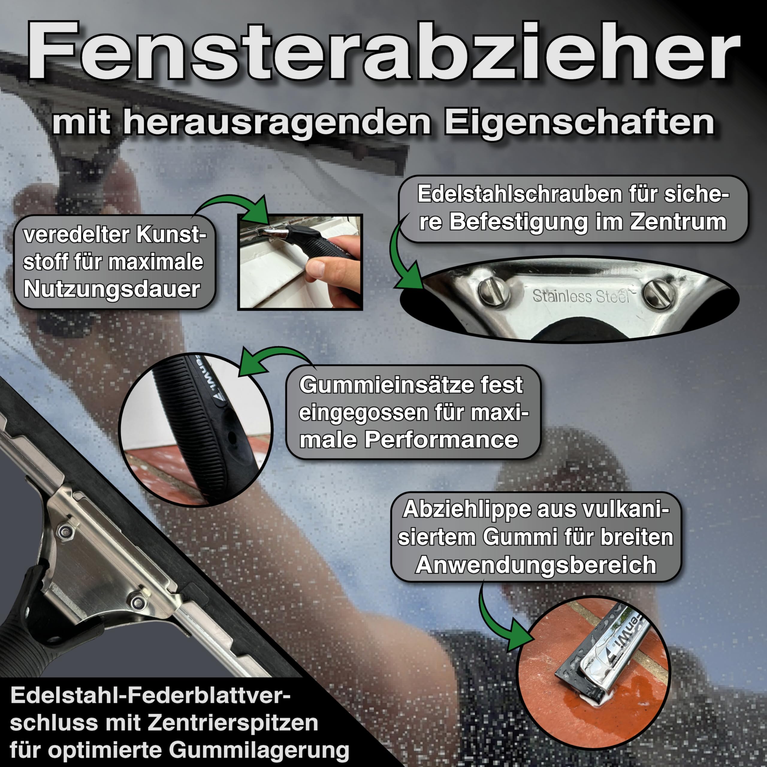 FenWi Fensterabzieher mit Gummilippe in 35cm Breite/Duschabzieher/Abzieher mit Edelstahl-Abziehschiene als Glasabzieher zum Fensterputzen