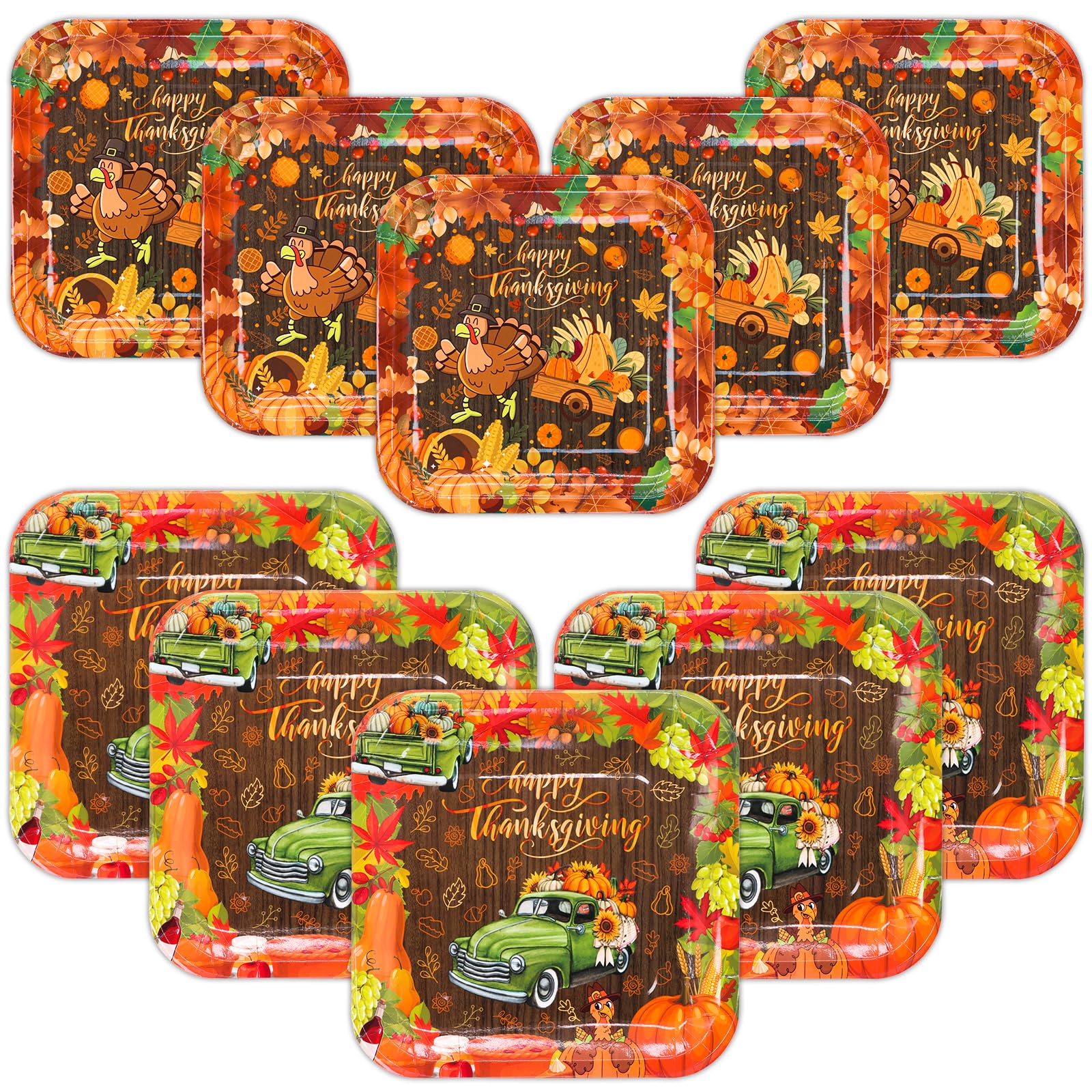 BFUN Thanksgiving Plates Party Set, 100pcs Fall Party 9” dinner plates and 7” dessert Plates Harvest truck Dinner Plates, and Turkey Dessert Plates for Thanksgiving party favors and Harvest party