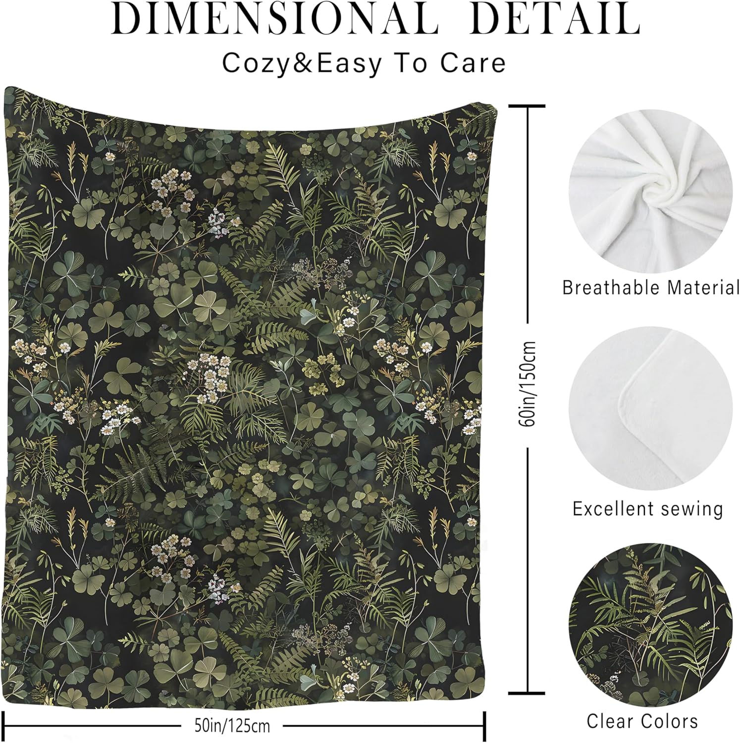 Dark Green Botanical Blanket, Vintage Nature Fern Leaf Clover Herb Plant Wildflower Throw Blanket for Home Living Room Bedroom Couch Bed Decor, Cottage Core Decor, 50x60 Inches - Image 2
