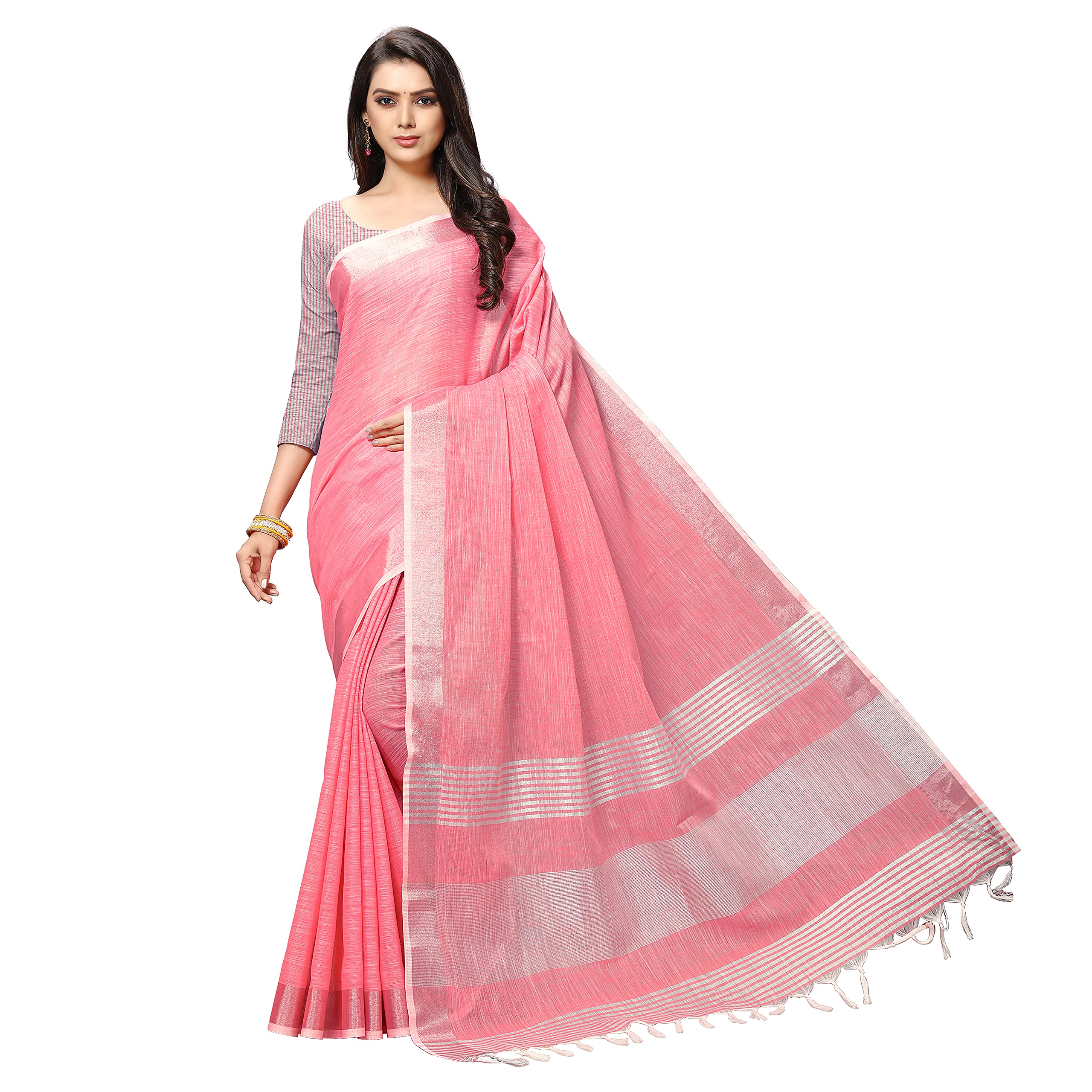 Rekha Maniyar Women's Jacquard Linen Saree With Unstitched Blouse Piece (SILVERLINEN)
