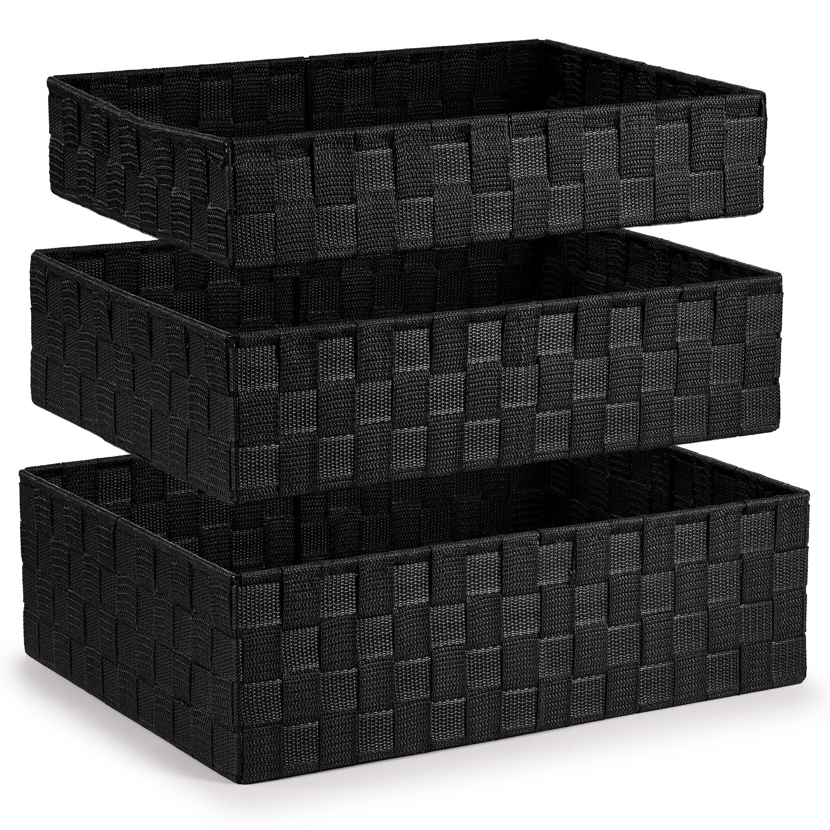 Ehc Black Set Of 3 Woven Storage Baskets, Decorative Nestable Organizer Boxes For Shelves, Closet Bins, Empty Basket For Gift Hamper, Lightweight Home Organization Solutions,