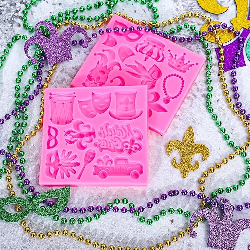 Miniatura 5 de Whaline 2 moldes de fondant de Mardi Gras para mascarada máscara de plumas de corona de flor de lis con patrón de molde de silicona 3D molde de