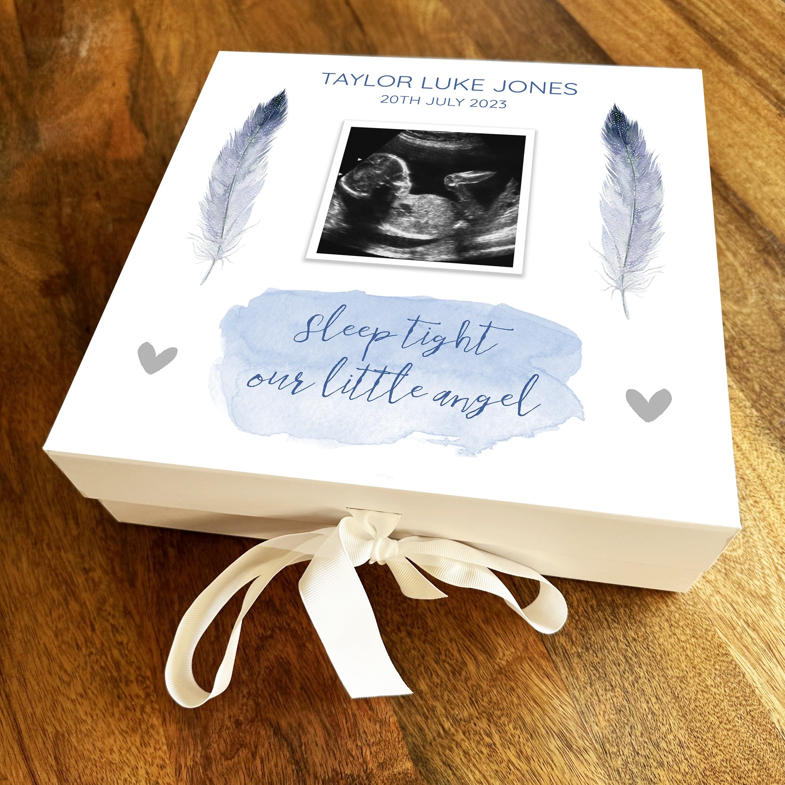 Fingerprint Designs Baby Boy Loss Memorial Blue Feather Photo Miscarriage Square Memory Keepsake Box - Special memorial Keepsake Trinket In Loving Memory Personalised Gift Box