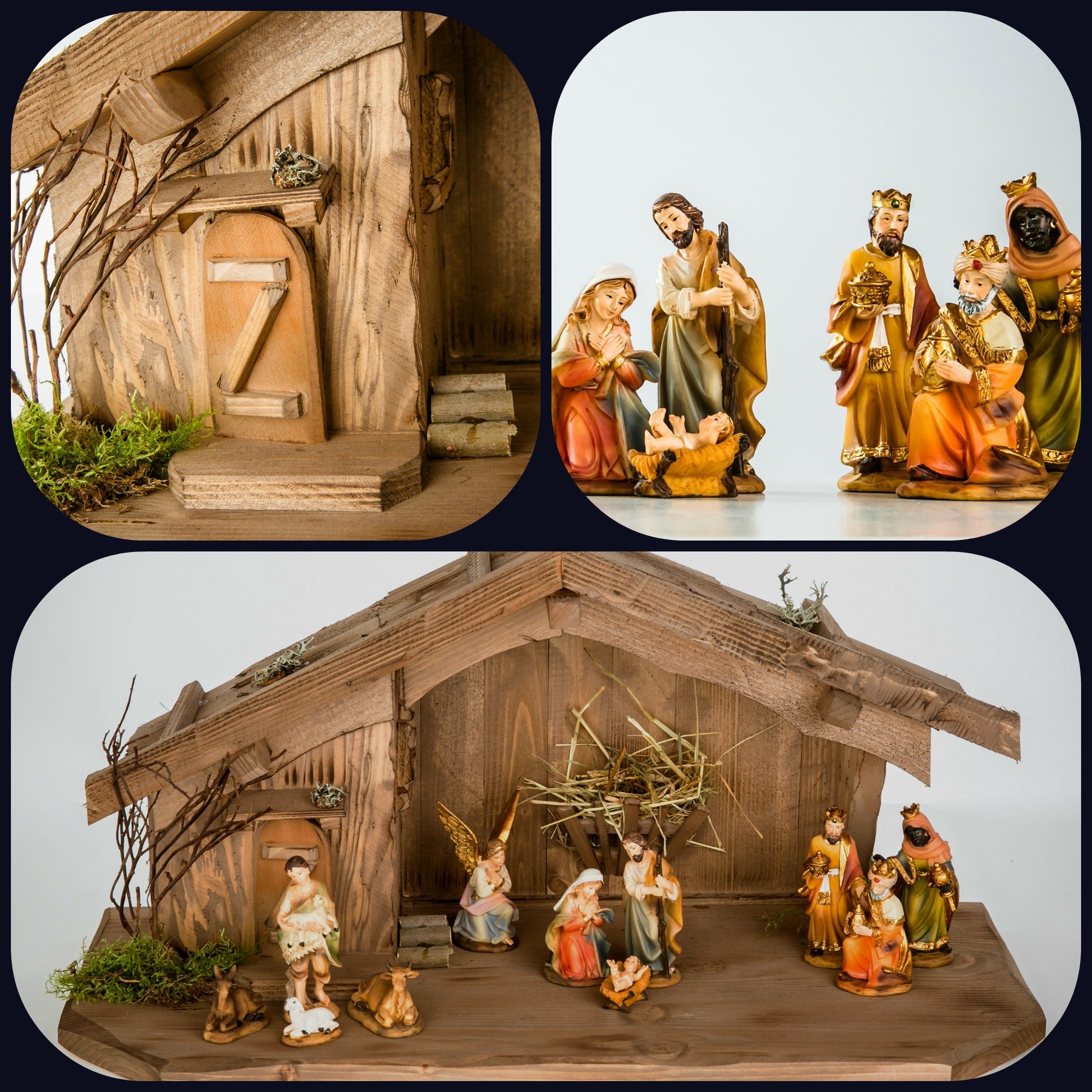 Weihnachtskrippe aus Holz-Braun (W08+Figuren) Krippe Krippenstall Weihnachten Weihnachtskrippen Tischkrippen Krippenfiguren