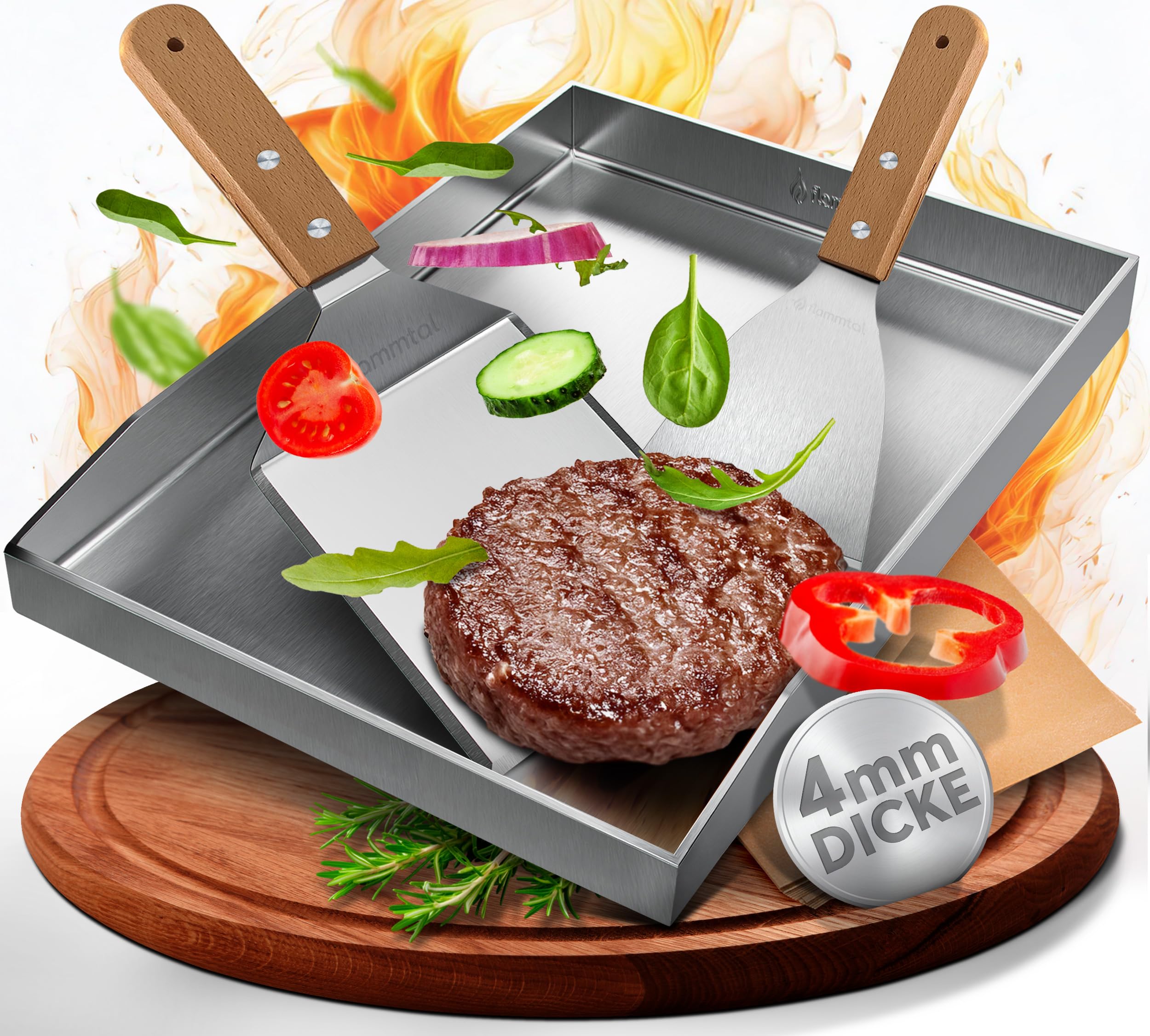 flammtal - Plancha de 4 mm de acero inoxidable [40 x 30 cm] - Plancha con juego de espátulas y papel para hamburguesas - Plancha de gas con esquinas a prueba de fugas para una barbacoa limpia