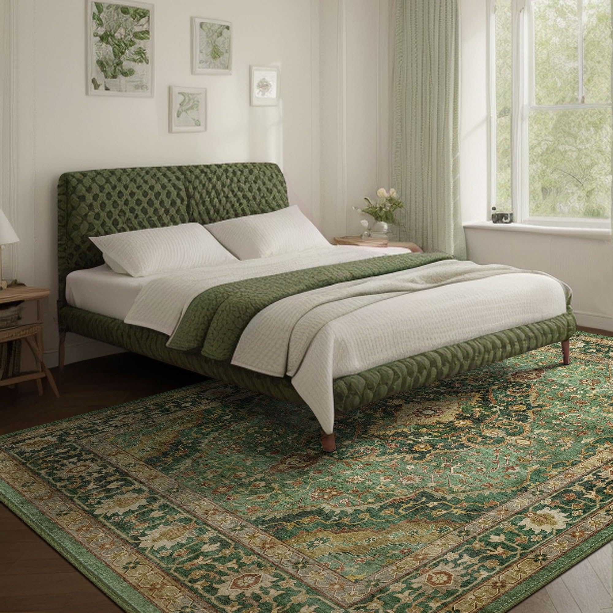 Grüner Teppich, Teppich für Wohnzimmer und Schlafzimmer, waschbarer orientalischer Teppich im Vintage-Stil, rutschfeste Teppiche, Teppich im Used-Look für Esszimmer (Bordüre), 120 x 170 cm