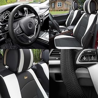 FH Group Ultra Comfort Highest Grade Faux Leather Seat Cushions for Front Set with Gift – Universal Fit for Cars Trucks & SUVs (White/Black)