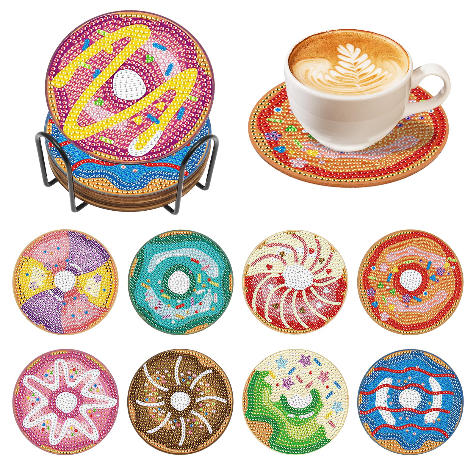 Diamond Art Coasters Set,DIY Diamonds Painting Coasters with Holder for Adults,Non Slip Cup Mat Gem Art Crafts Supplies for Home Decor House Warming Gifts(Style 1-9Pcs)