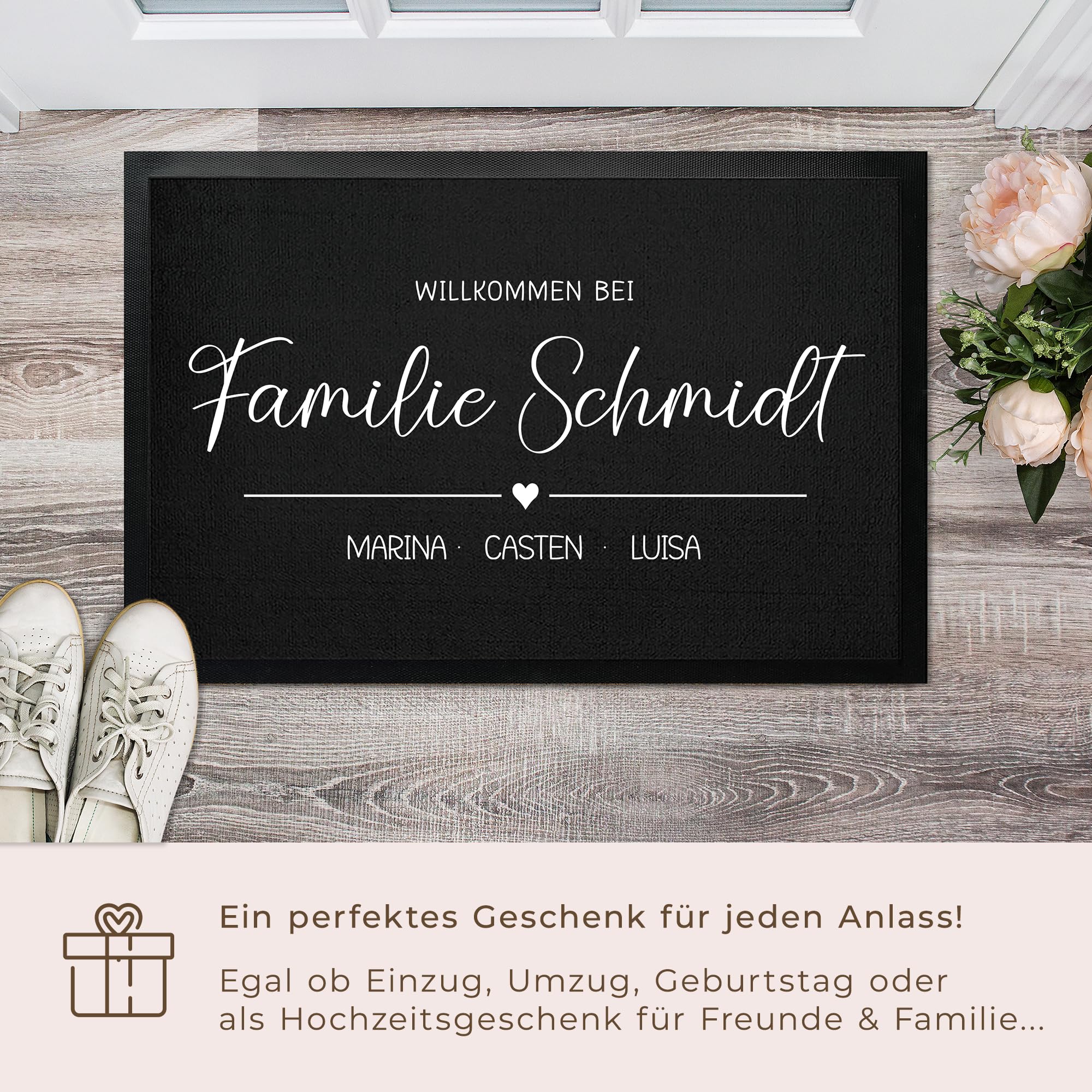 Personalisierte Fußmatte Willkommen bei Familie Wunschtext Name bis 120cm | Türmatte Familie personalisiert als Geschenk Einzug, Umzug, Hochzeit, Verlobung, Geburtstag (75x50cm)