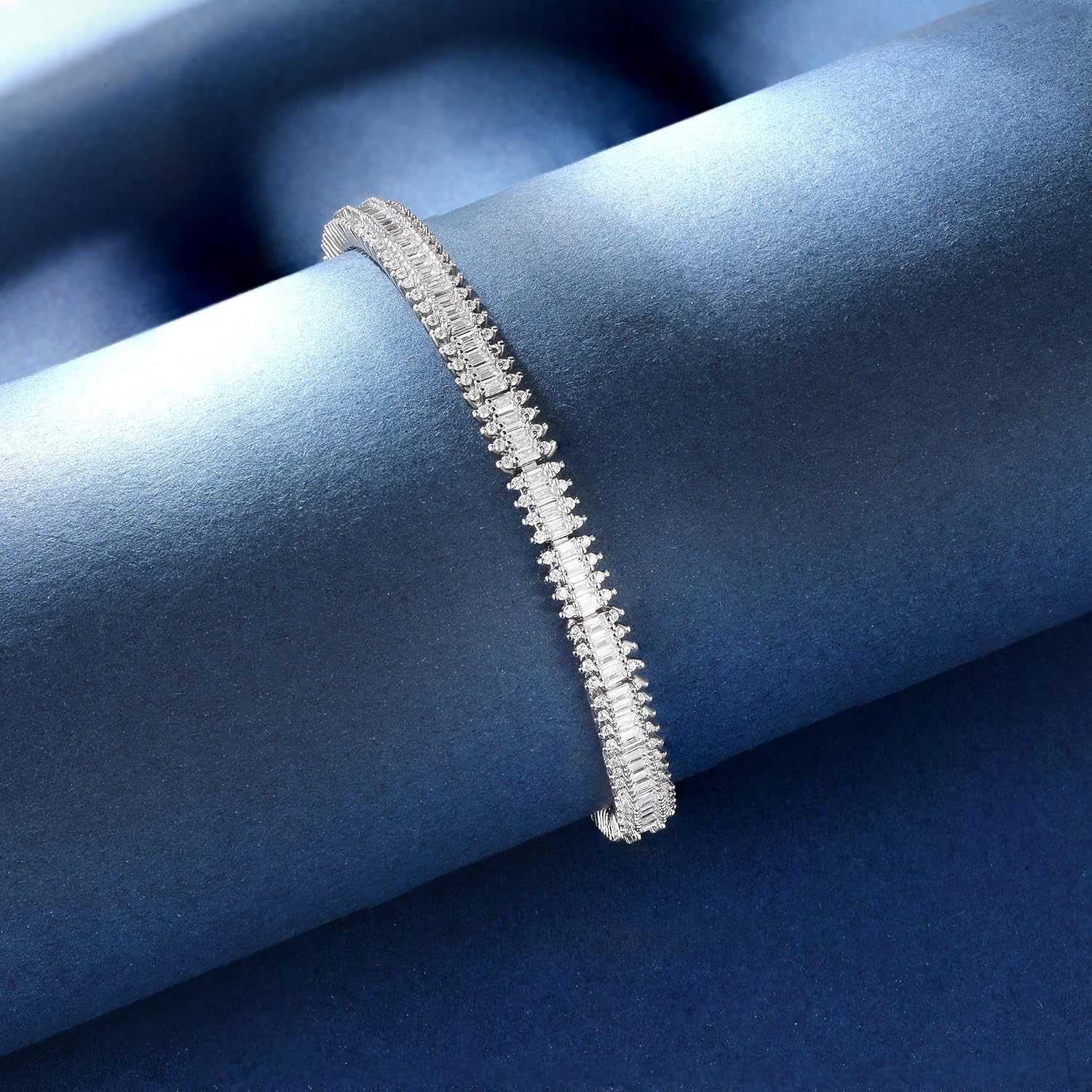 MDFUN 18K White Plated Women Bracelets Cubic Zirconia Tennis Bracelets for Women Classic Emerald Cut Simulated Diamond Bracelet 3mm 7 Inches - Image 6