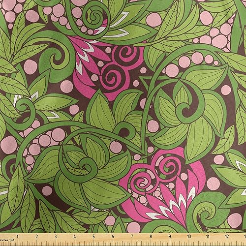 Ambesonne Vintage Fabric by The Yard, Swirling Green Spring Leaves Pink Blossoms Traditional Scroll Pattern, Decorative Satin Fabric for Home