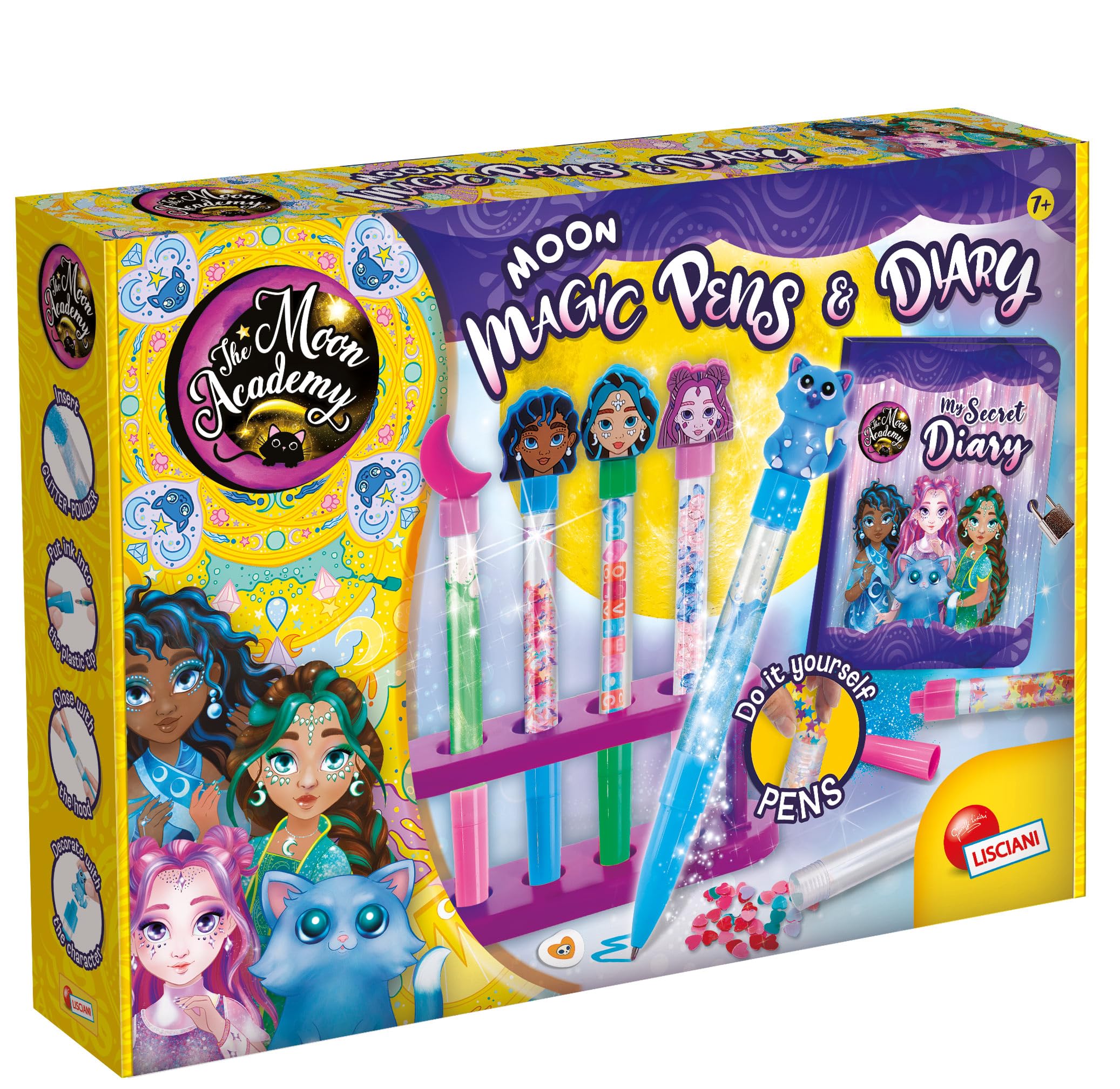 Lisciani - MOON ACADEMY - Diary and Pens to Make for Children aged 8 and up - Diary Set - Glitter Pen Creation Kit - Manual Activity - Gift Ideas - DIY Stationery