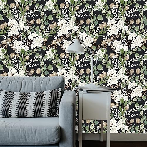 Miniatura 8 de Papel tapiz autoadhesivo con hojas florales oscuras, para baño, papel tapiz autoadhesivo bohemio apto para inquilinos, papel de contacto floral