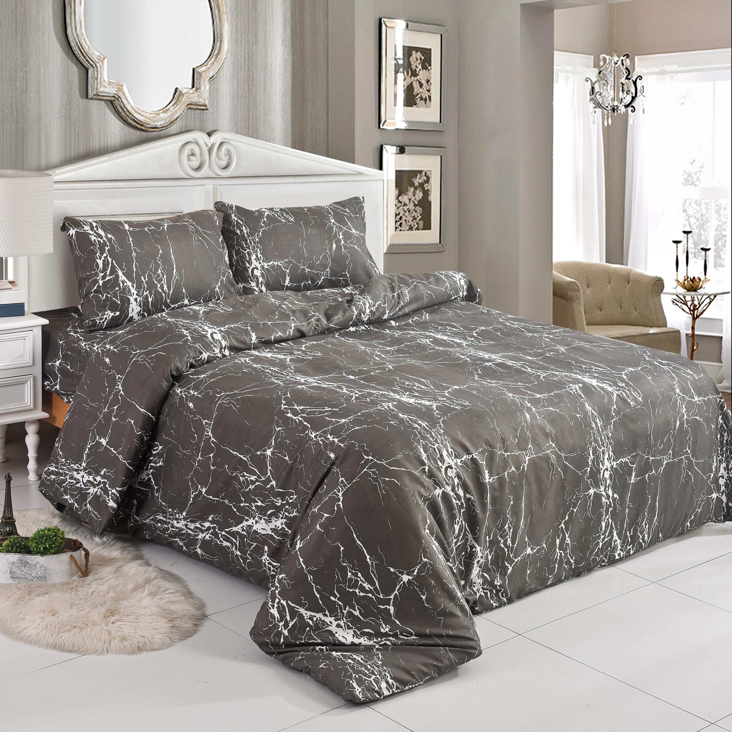 4PCS Complete Printed Bedding Set, 1x Duvet Cover 1x Matching Deep Fitted Sheet and 2x Pillowcase Reversible Microfibre Quilt Cover Bed Set Single Double and King Size (Madrid 107, Single)