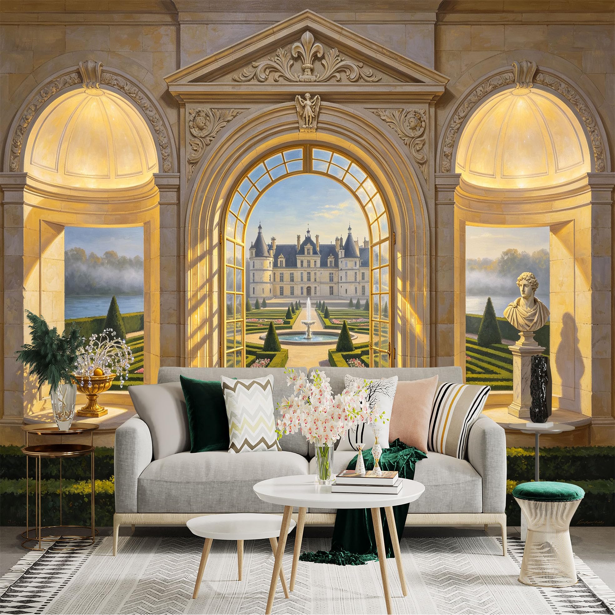 Custom Size Wall Sticker Mural， Elegant Palace Garden Archway with Fountain and Classical Interior， for wall Decoration， peelandstick wall Decals.