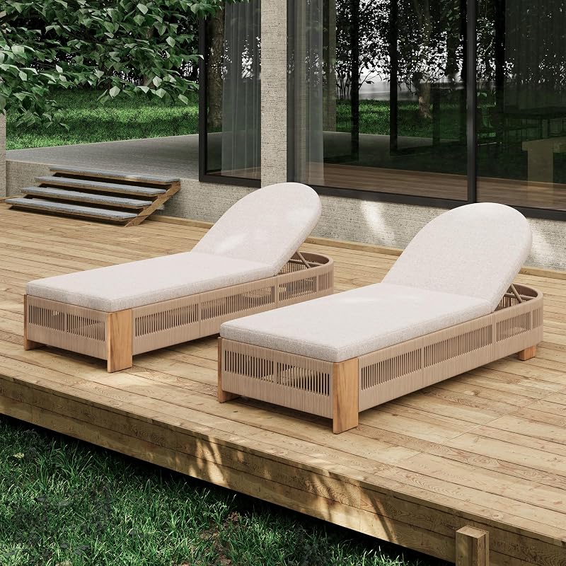 Christopher Knight Home Daskz Juego de 2 tumbonas para patio, de madera de acacia al aire libre con cojines, respaldo ajustable, asientos para patio junto a la pileta, playa, diseño de cuerda, 79,5 pulgadas, teca+beige