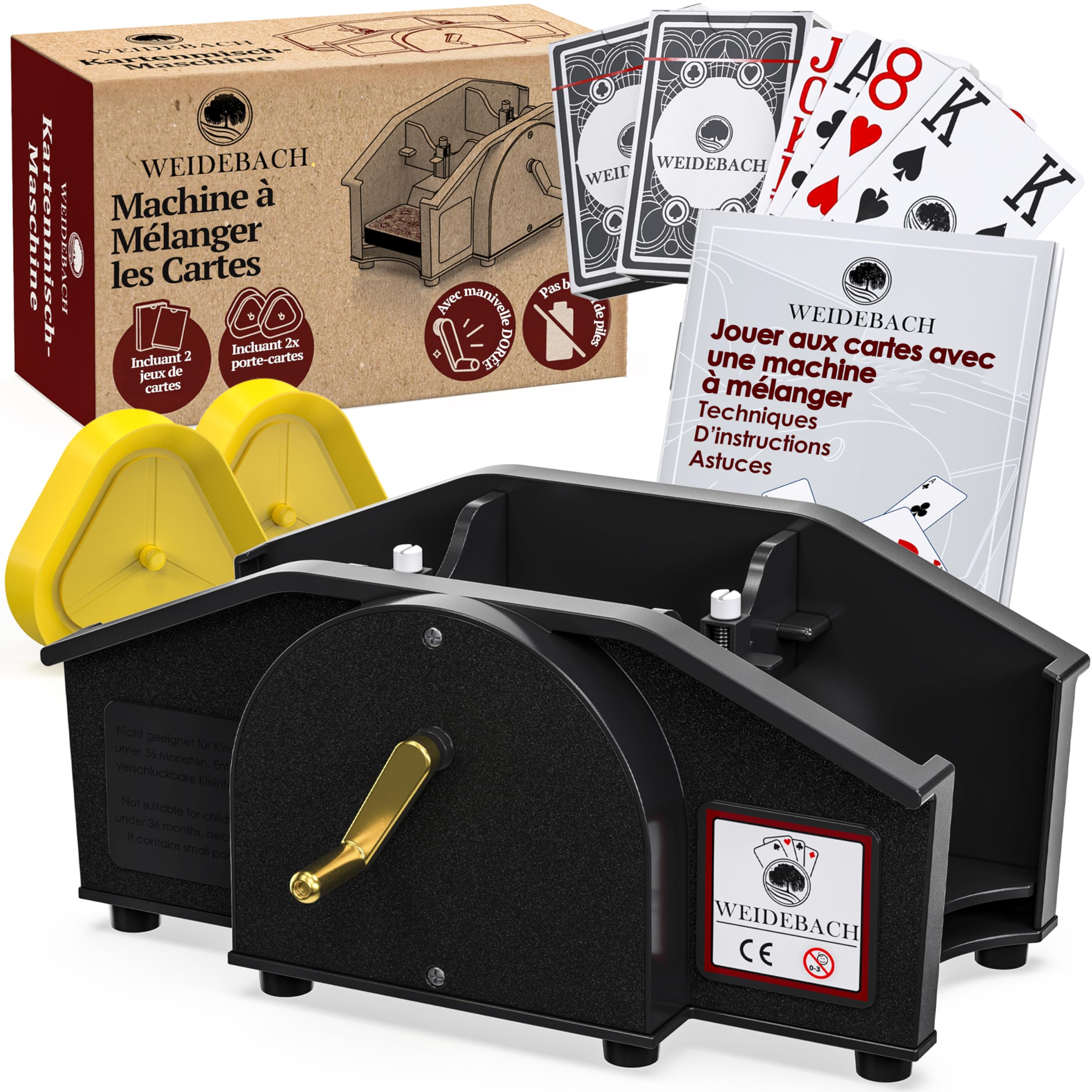 WEIDEBACH® Mélangeur de Cartes Noir avec Manivelle Dorée pour Jeux Standard, 2 Jeux & Manivelle de Rechange, Appareil de Mélange avec Li