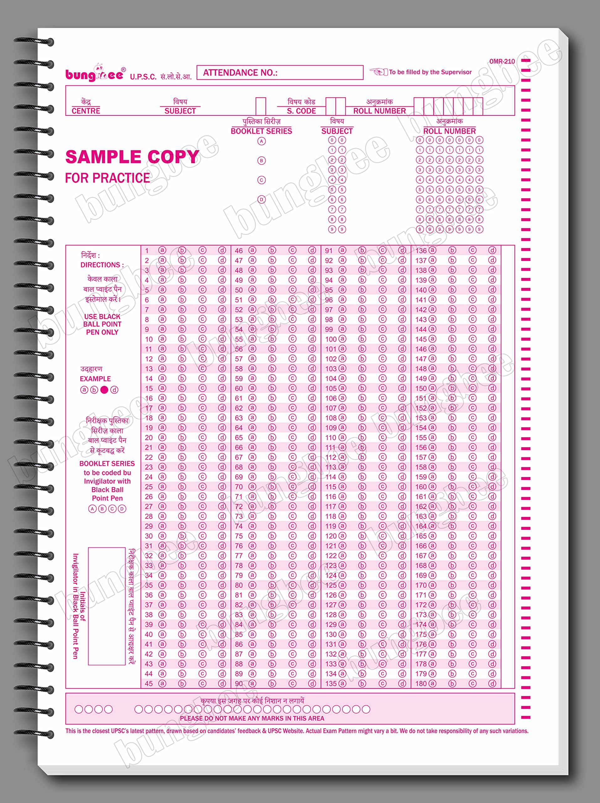 Bungbee UPSC OMR Sheets Prelims for 2025 180 MCQs - 100 Sheets Spiral Booklet for Practice, A4 Size Spiral-bound
