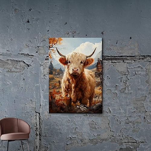 Highland Cow Wall Art, This Is Our Happy Place Inspirational Canvas Poster for Home, Long Haired Scottish Cow with White Flower Picture Farmhouse