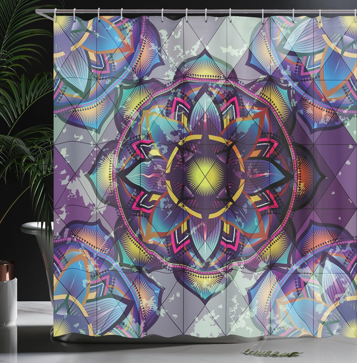 Ambesonne Lotus Shower Curtain, Psychedelic Surreal Geometry Mandala Background Futuristic Effects Print, Cloth Fabric Bathroom Decor Set with Hooks, 69" W x 70" L, Violet Yellow