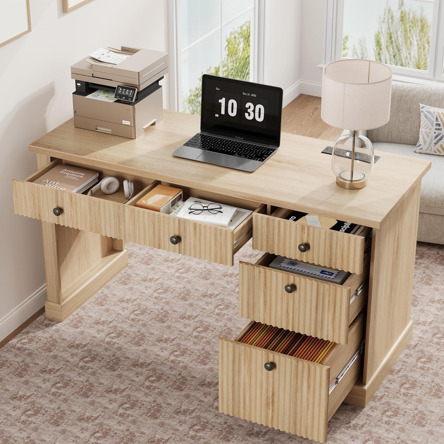 Garvee Fluted Home Office Desk Storage, 54 in Modern Executive Desk with Charging Station, Wooden Computer Writing Desk with File Cabinet & Drawers for Study, Living Room, Bedroom-Burlywood