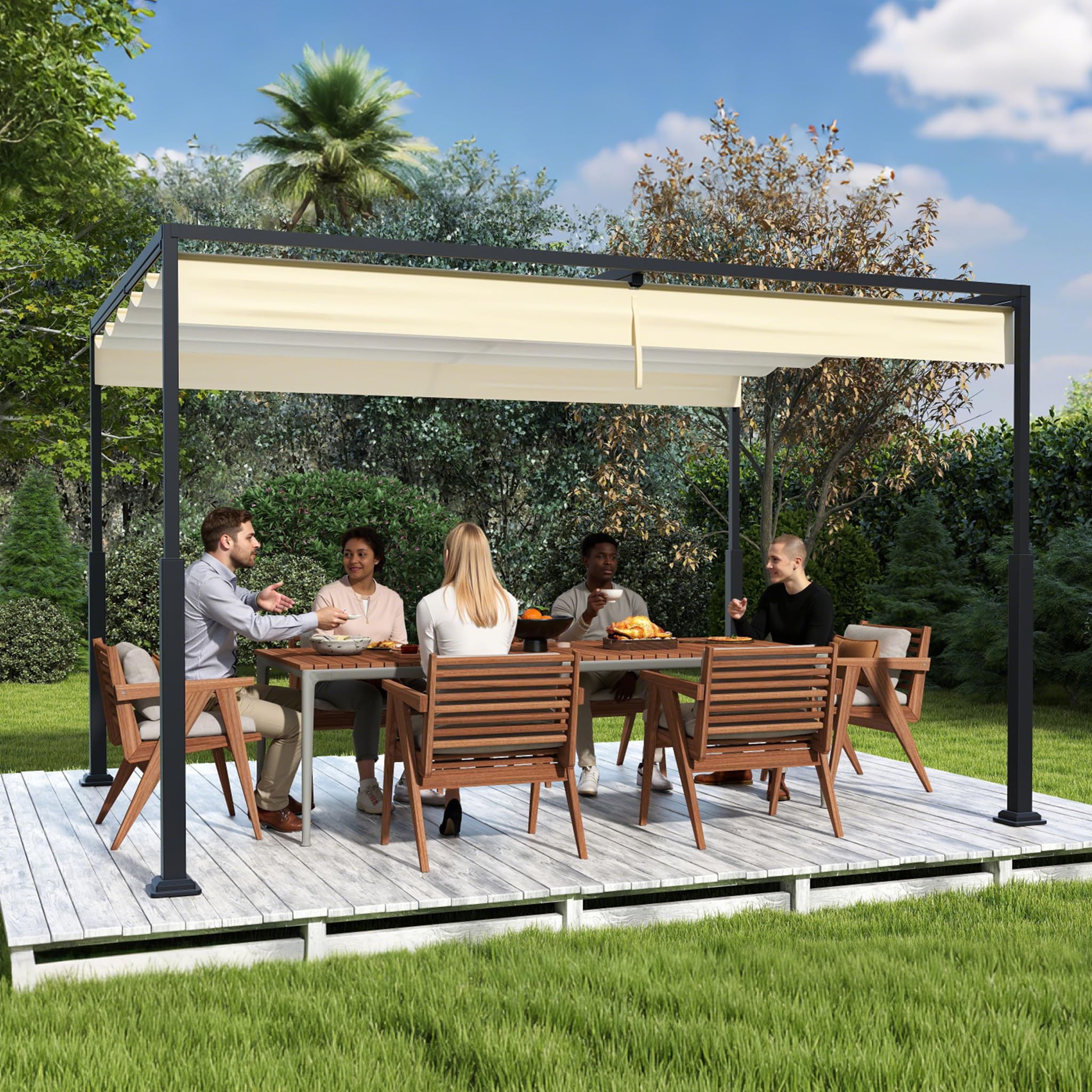UISEBRT Pergola in metallo, 3 x 4 m, impermeabile, stabile, resistente all'inverno, gazebo con tetto a lamelle, tettoia parasole autoportante, con tetto scorrevole, per giardini e terrazze, beige