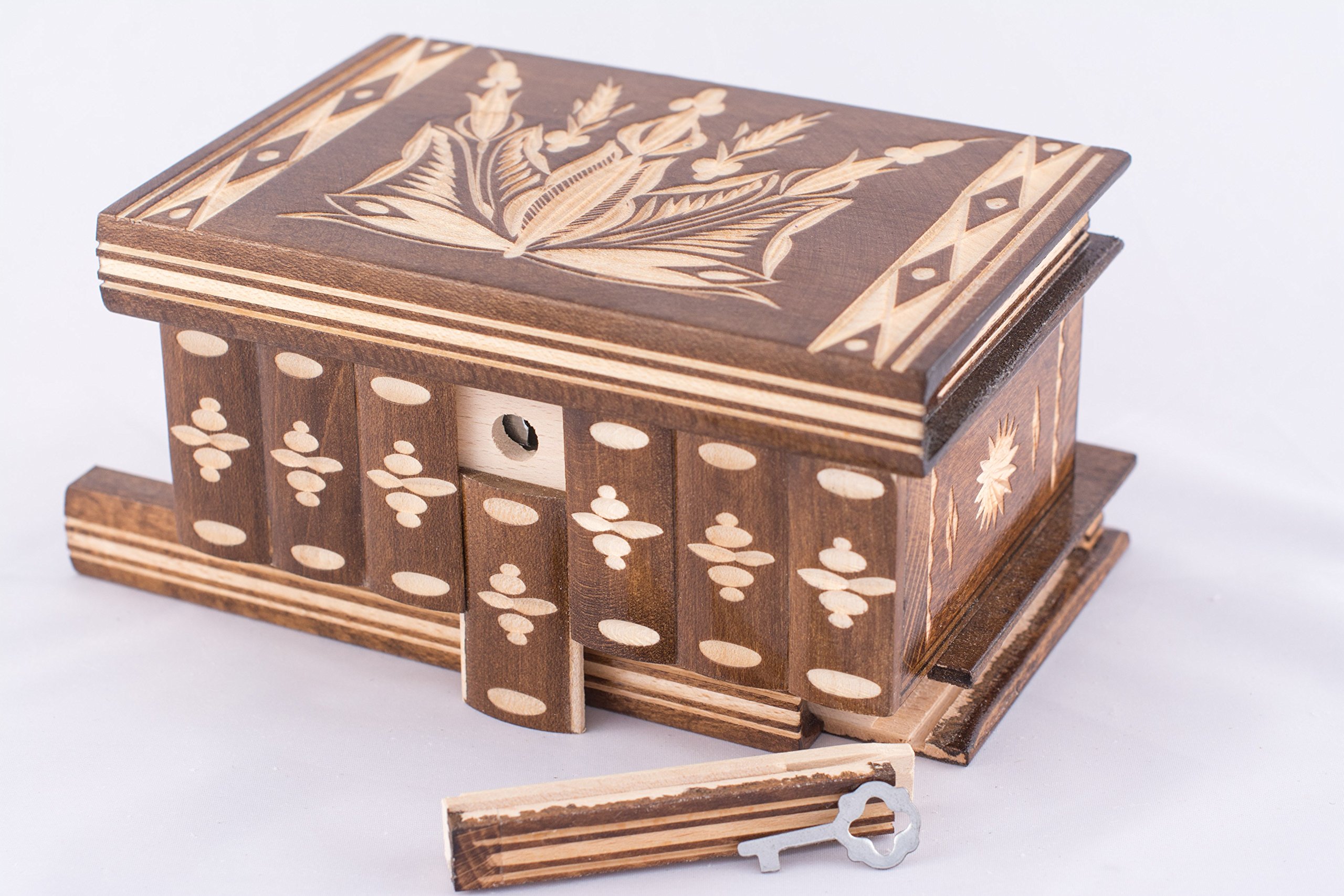 Jewelry and Puzzle Box 2 in 1 Handmade Wooden Case with Hidden Key and Removable Compartments