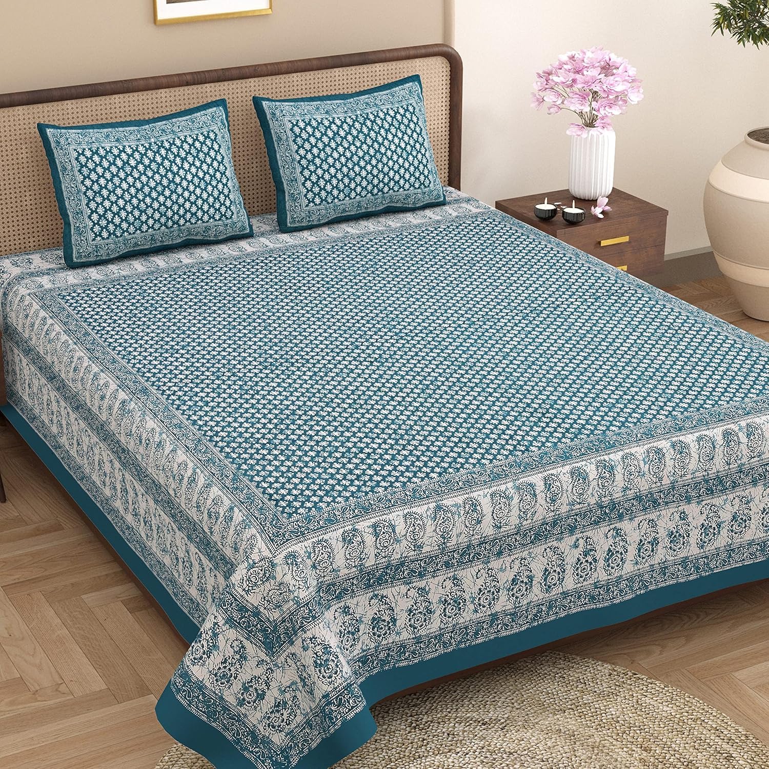 Värde Opulent Collection Double Bedsheet with 2 Pillow Cover | 100% Cotton Bedsheets for Double Bed | Handloom Bedsheet | Size 86x90 inches | King Size (90X102 Inches) (Dark Green Blue, King)