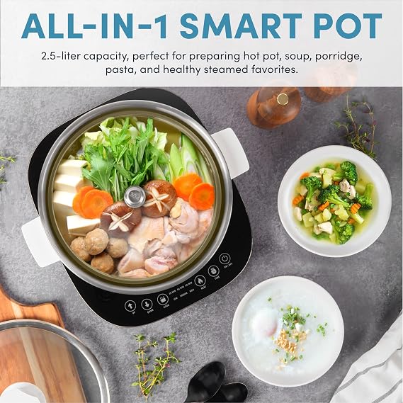 Aroma Housewares 2.5-Liter Smart Electric Hot Pot & Rapid Boil Steamer with Automatic Stainless Steel Steamer Basket Lift, White, ASP-700