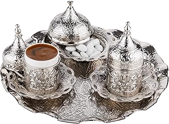 DEMMEX 2024 Turkish Greek Arabic Coffee Serving Set with Cups, Saucers, Cup Holders, Lids, Sugar Bowl & Lid and Tray, 11 Pcs (Silver), Medium