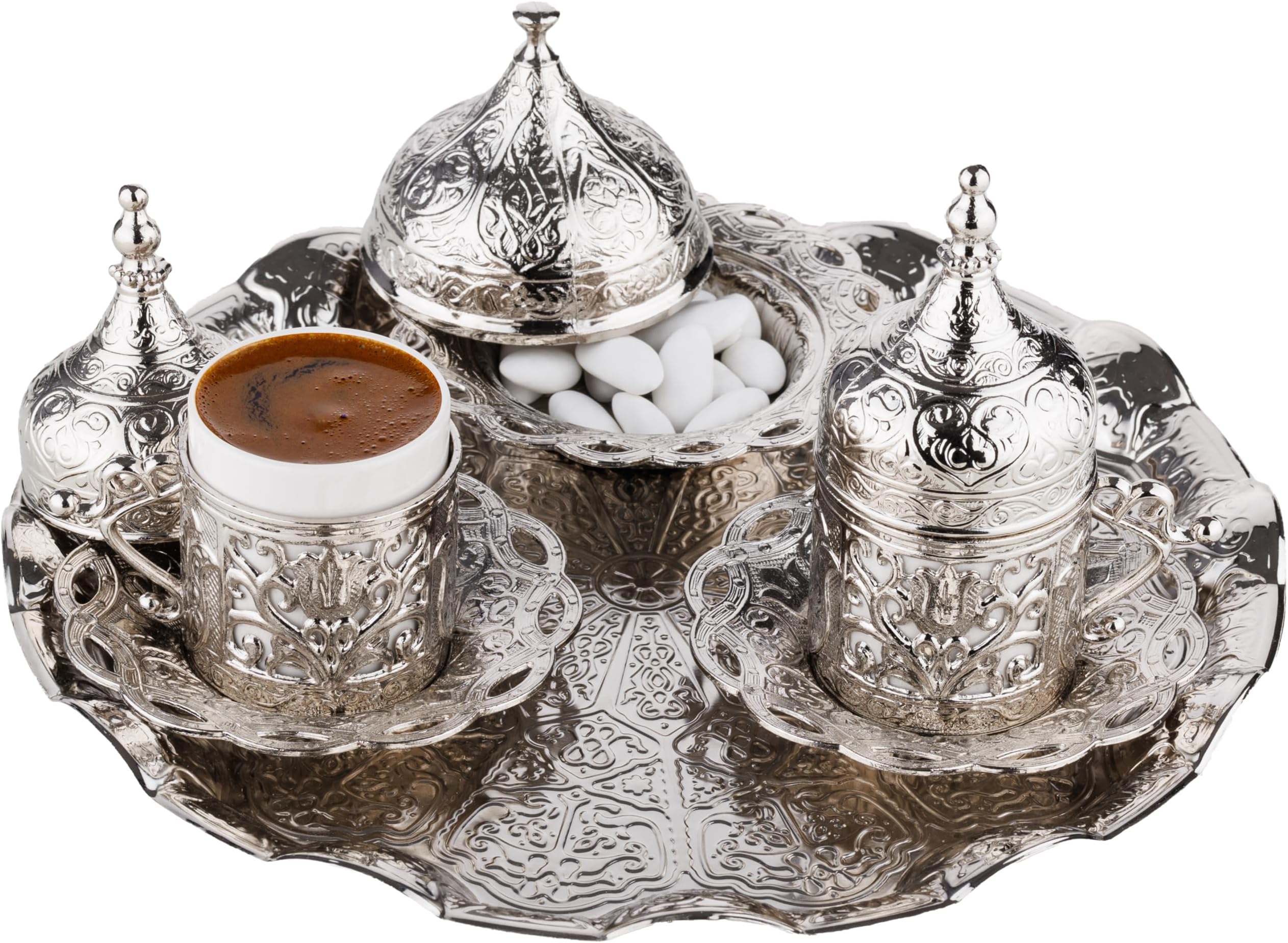 DEMMEX 2024 Turkish Greek Arabic Coffee Serving Set with Cups, Saucers, Cup Holders, Lids, Sugar Bowl & Lid and Tray, 11 Pcs (Silver), Medium