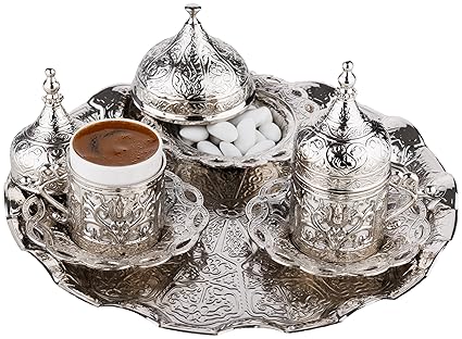 DEMMEX 2024 Turkish Greek Arabic Coffee Serving Set with Cups, Saucers, Cup Holders, Lids, Sugar Bowl & Lid and Tray, 11 Pcs (Silver)
