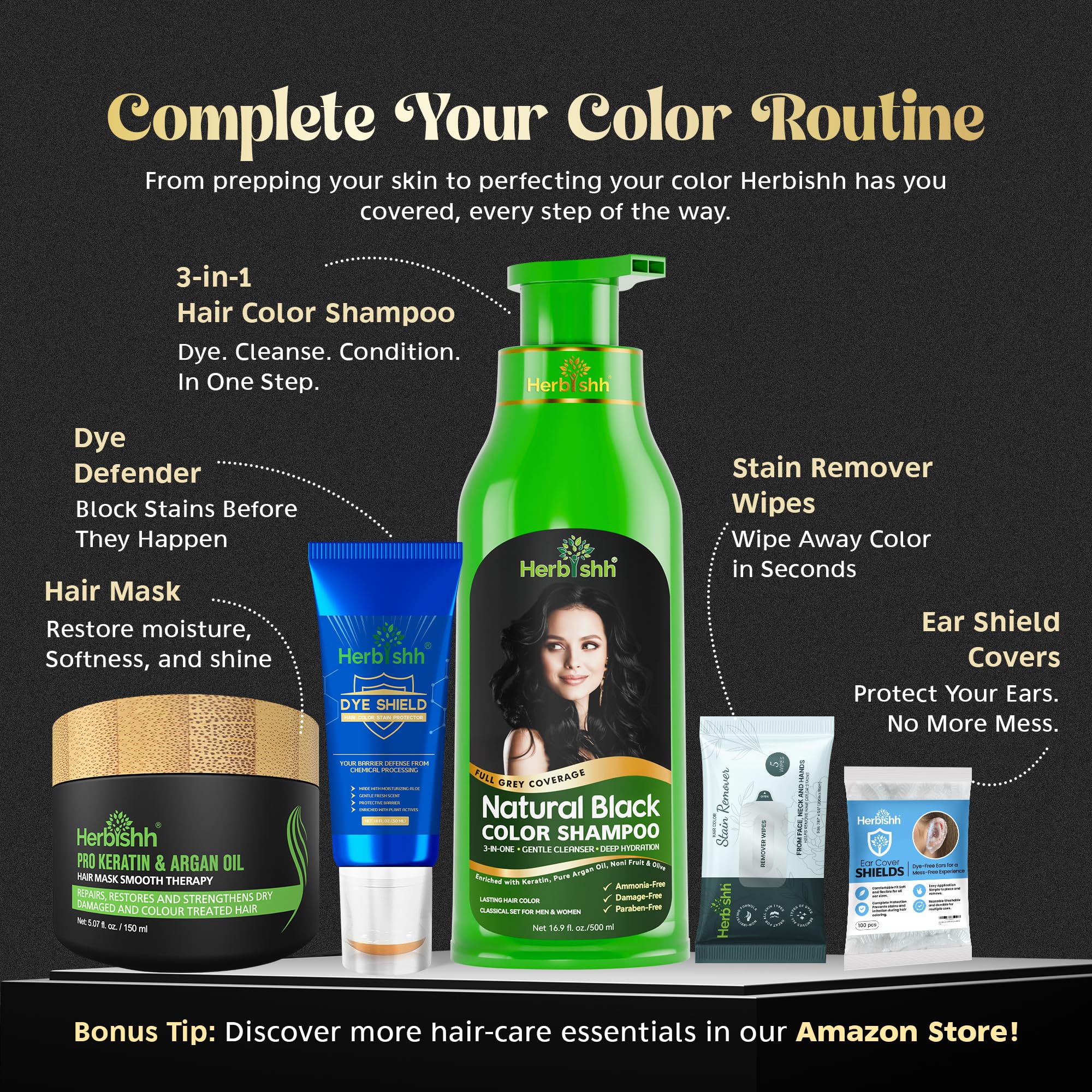 Herbishh Ultimate Haarfärbeshampoo Kit (2 Stück + Argan Haarmaske) für Graues Haar - Permanente Färbung für Männer und Frauen - Langanhaltend (Black)