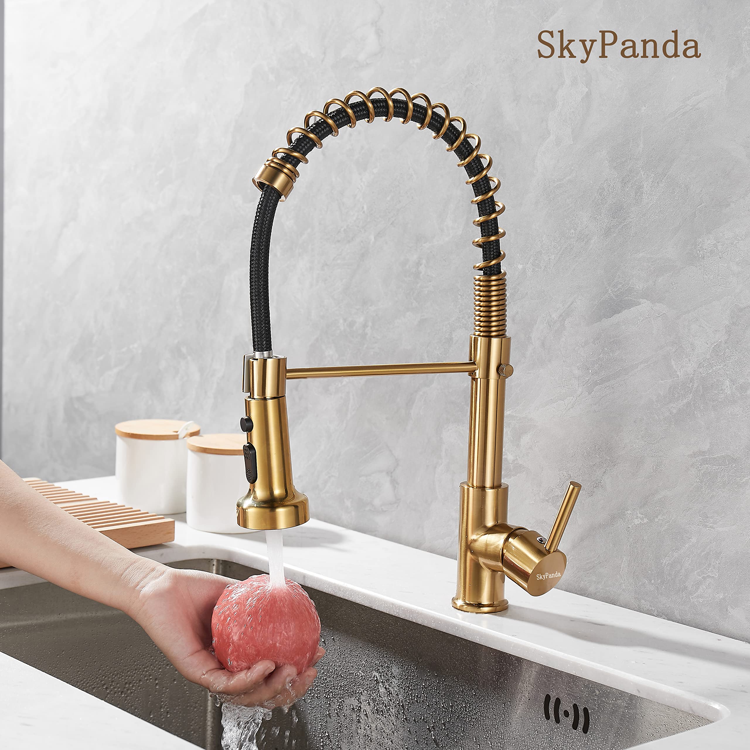 Grifo de cocina dorado con rociador extraíble giratorio 360° 3 modos 2 salidas