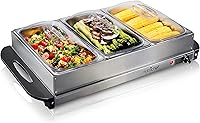 NutriChef 3-Tray Stainless Steel Buffet Food Warmer Server | Portable Hot Plate for Parties & Events | Easy Clean, 175°F Max Temp
