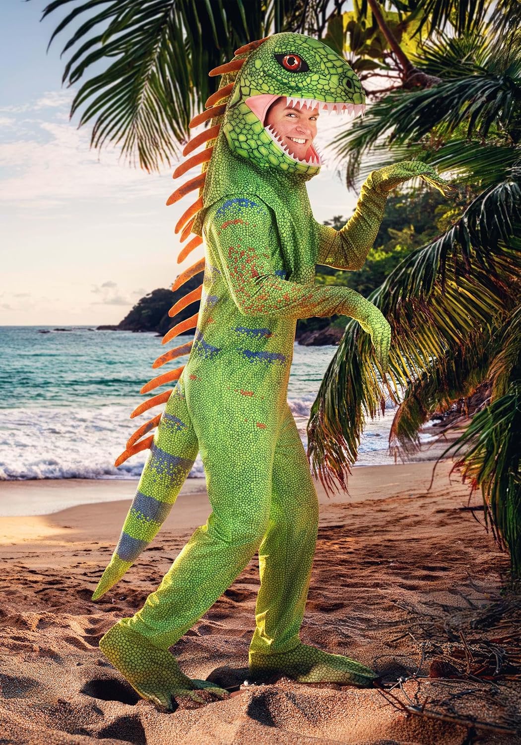 Realistic Lizard Costume Adult Green Iguana Jumpsuit Halloween Cosplay Polyester Reptile Outfit