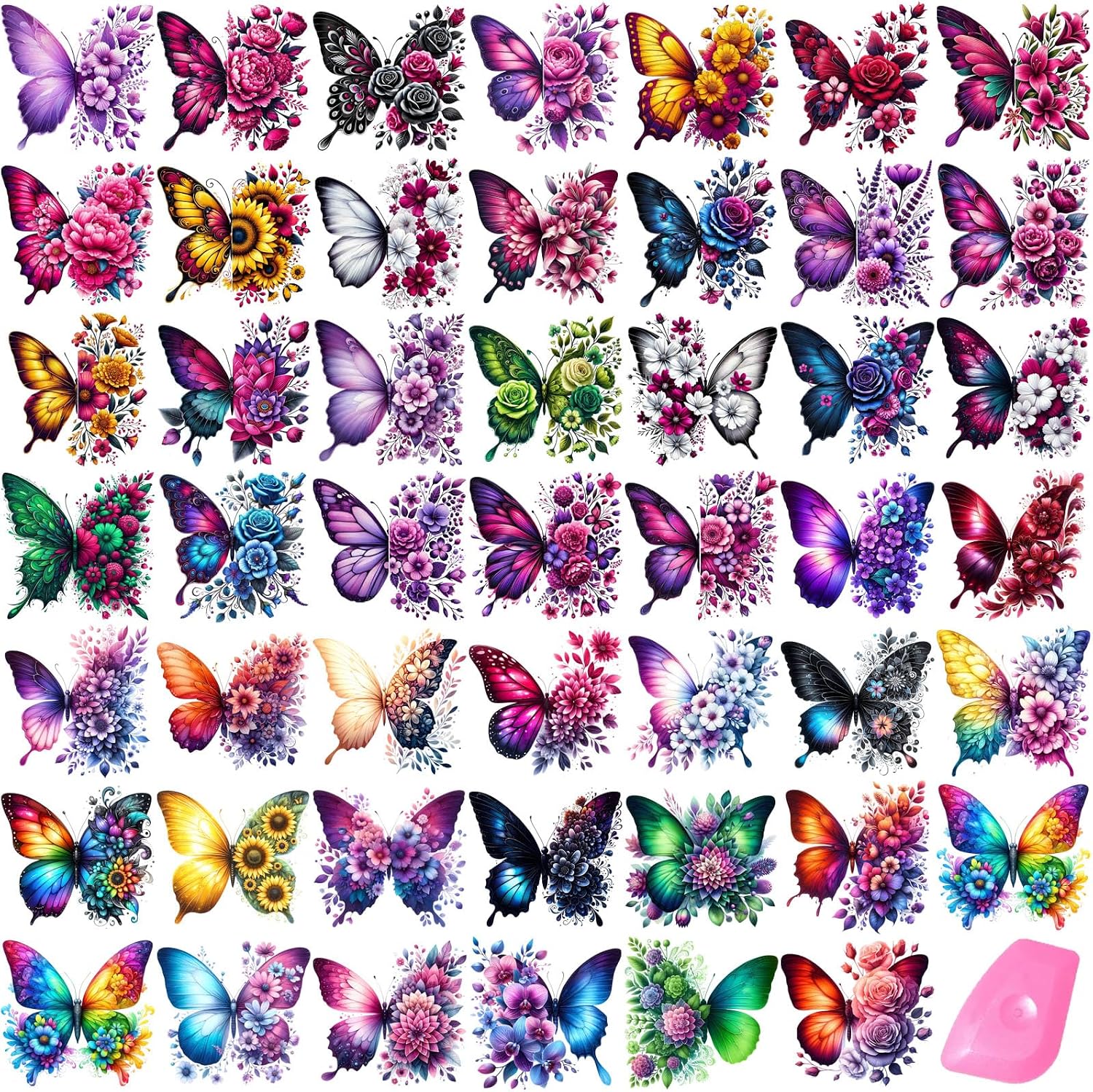 48 Sheets Rub on Transfers for Crafts and Furniture Rub on Transfer Stickers Decals for Wood,2.5 * 2.5inch (Butterfly Flower)