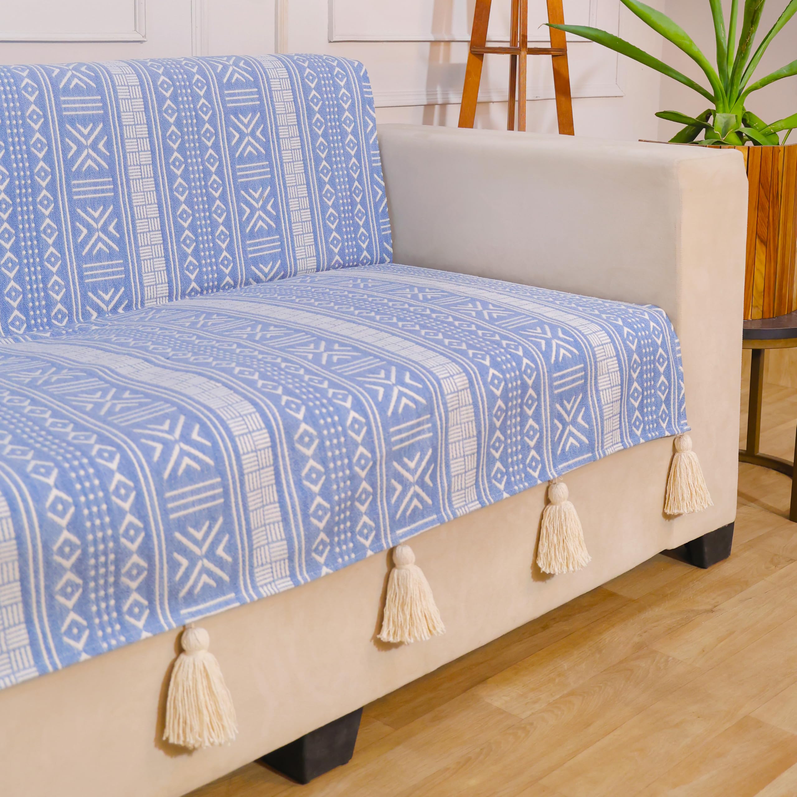 STITCHNEST 'Verdant Bohemian Stories' 3 Seater Sofa Cover – Full Coverage| Elegant Jacquard Fabric, Decorative Tassels, Washable & Durable for Modern Living