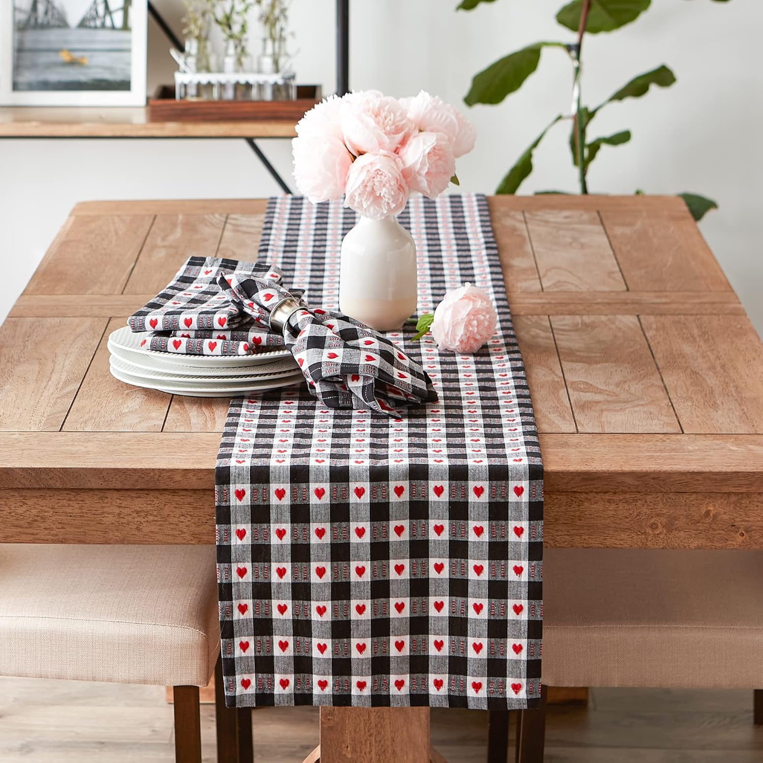 DII Valentine's Day Table Top Collection, Table Runner, 14x72, Dobby Hearts Check