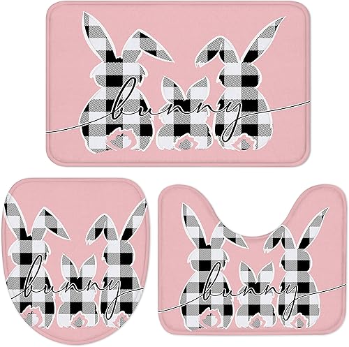 Tapete de baño de 3 piezas con diseño de conejo, diseño de conejo, diseño de conejo, diseño de conejo, color negro, tapete contorneado para inodoro,